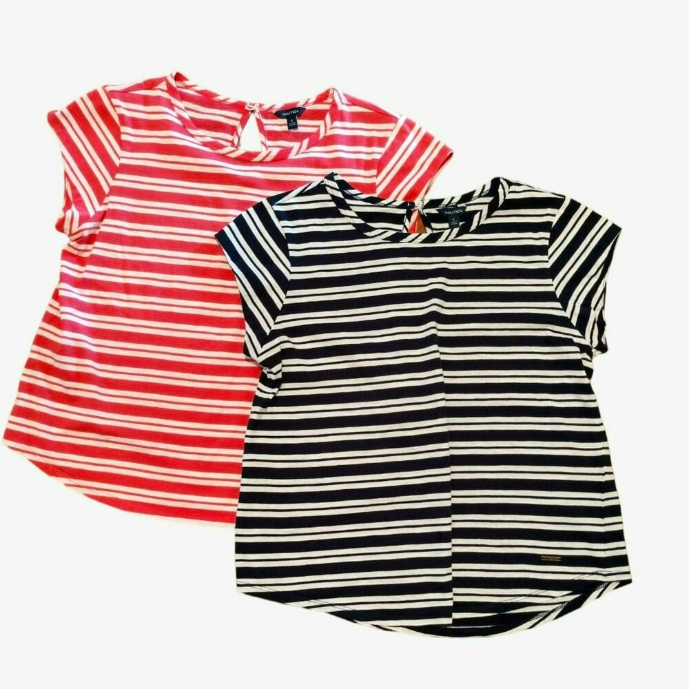 Nautica Womens Striped Short Sleeve T-Shirt, Size S, Set of 2, Pink & Navy Tee